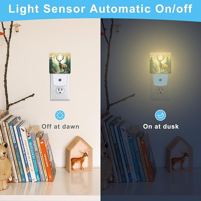 Deer in Forest Plug in Night Light with Auto Dusk to Dawn Sensor,Warm Night Lights for Boys Girls Bedroom Bathroom Hallway Kids Room Gifts