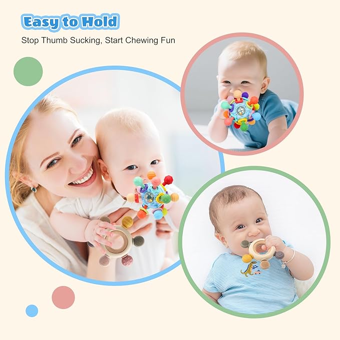 2 Pack Baby Teething Toys for 0-6 6-12 Months, Silicone Soothing Baby Teether Toys & Montessori Sensory Toys for Boy Girl, Safe and Durable Teething Toys for Newborn Infant