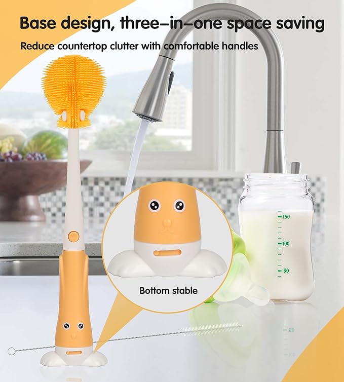 3-in-1 Bottle Cleaner Brush Kit, Long Handle Silicone Baby Bottles Cleaning Brush Set, 360° Flexible Multifunctional Water Bottle Washer for Baby Bottles, Breast Pump, Spout, Nipple & Straw