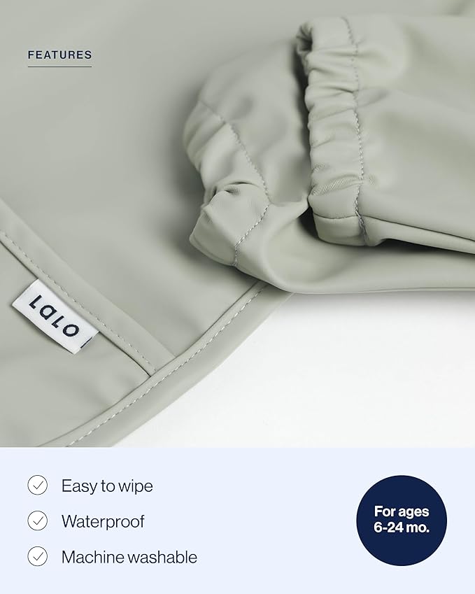 Lalo Long Sleeve Baby Bib, Waterproof, Elastic Cuffs, Large Catch-All Pocket, Recycled Polyester, Ages 6-24 Mo., Sage