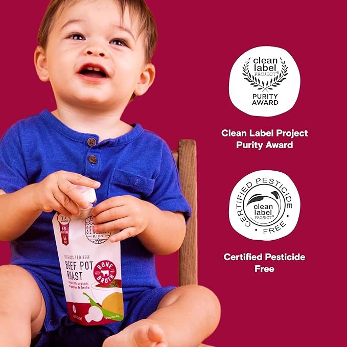 Serenity Kids Bone Broth Puree Made With Organic Veggies | Clean Label Project Purity Award Certified | 3.5 Ounce BPA-Free Pouch | Grass Fed Beef Pot Roast | 1 Count