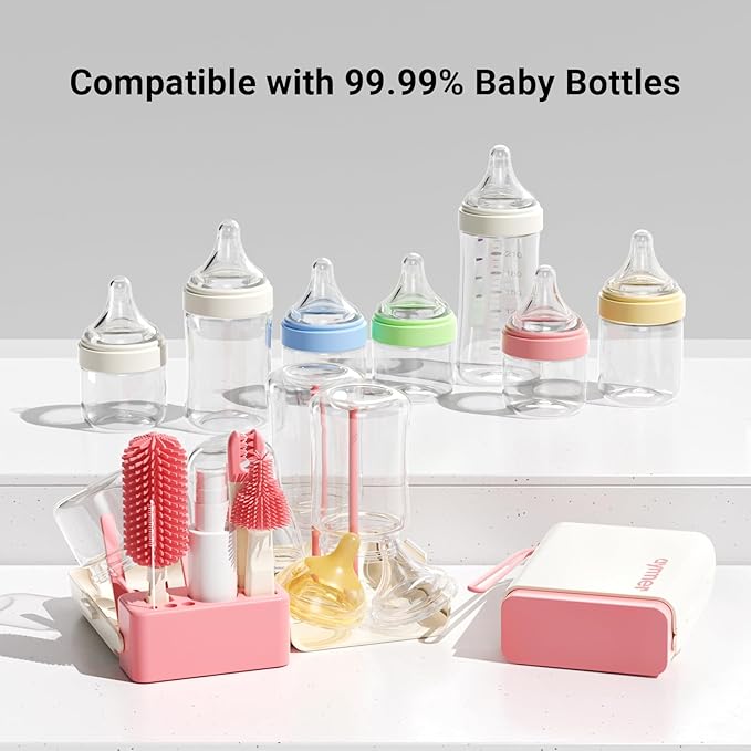 Baby Bottle Brush, 7 in 1 Travel Baby Bottle Cleaner Brush Set with Silicone Brush, Nipple Brush, Straw Brush, Soap Dispenser, Portable Drying Rack, Breast Pump & Bottle Cleaning Kit - Coral Pink