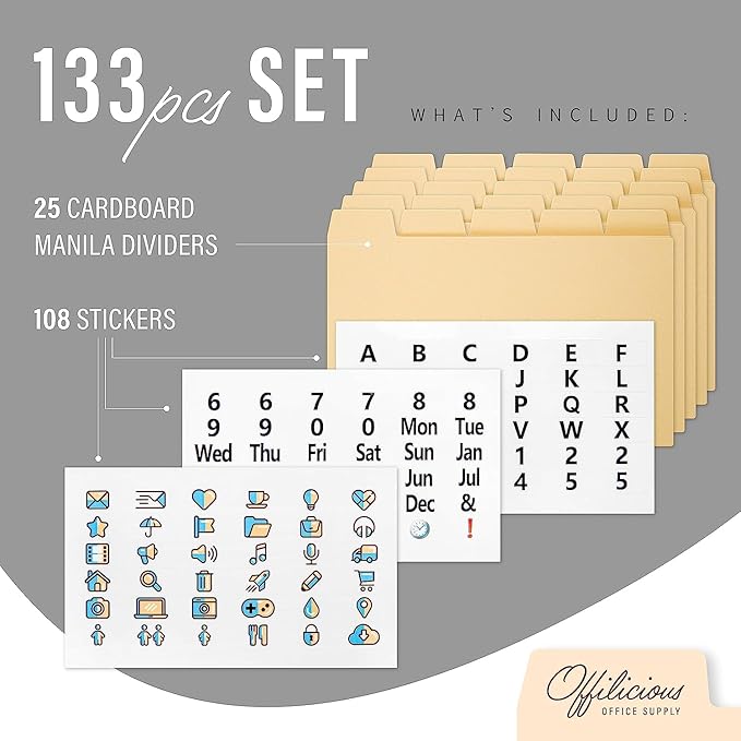 25 Heavyweight Manila Index Card Box Dividers - 3x5 with Tabs & 108 Stickers, Monthly & Recipe Guides, Greeting Card Dividers