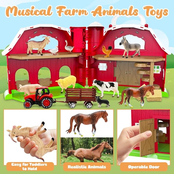 Big Red Barn Toys for Toddlers 1-3, Farm Animal Figures Playset with Tractor for 2 3 4 5 Year Old Kids, Musical Preschool Montessori STEM Learning Toys, Christmas Birthday Easter Gift for Boys Girls