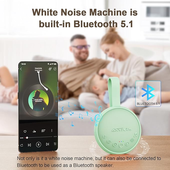 White Noise Sound Machine for Sleeping Adults & Baby, Portable Noise Machine with 24 Soothing Sounds, Bluetooth 5.1, Battery Powered, 3 Timer Settings, Memory Function for Home, Office, Travel(Green)