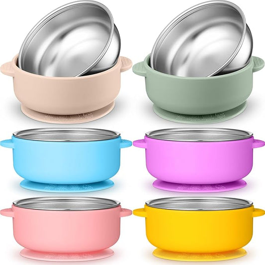 Nuogo 6 Pcs Stainless Steel Baby Bowls with Removable Silicone Shell 304 Toddler Bowls Kids Anti Scald Snack Container for Food Feeding, Dishwasher Safe(Vivid Color,Suction-a)