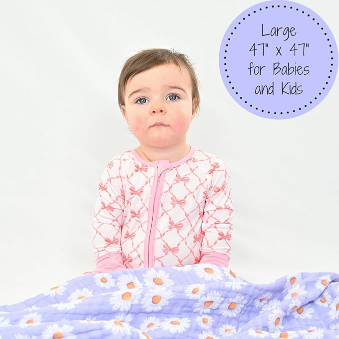 LollyBanks Muslin Baby Blanket 100% Organic Cotton, Muslin Quilt Lightweight, Muslin Blanket for Girls, 6 Layers Baby Blankets 47"x 47", Soft Nursery Receiving Blankets (Daisy Print)