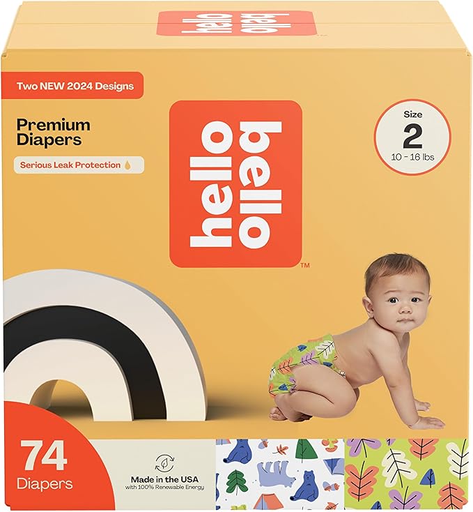 Hello Bello Premium Diapers Size 2, Happy Camper & Live Leaf Love Designs, 74ct Club Box