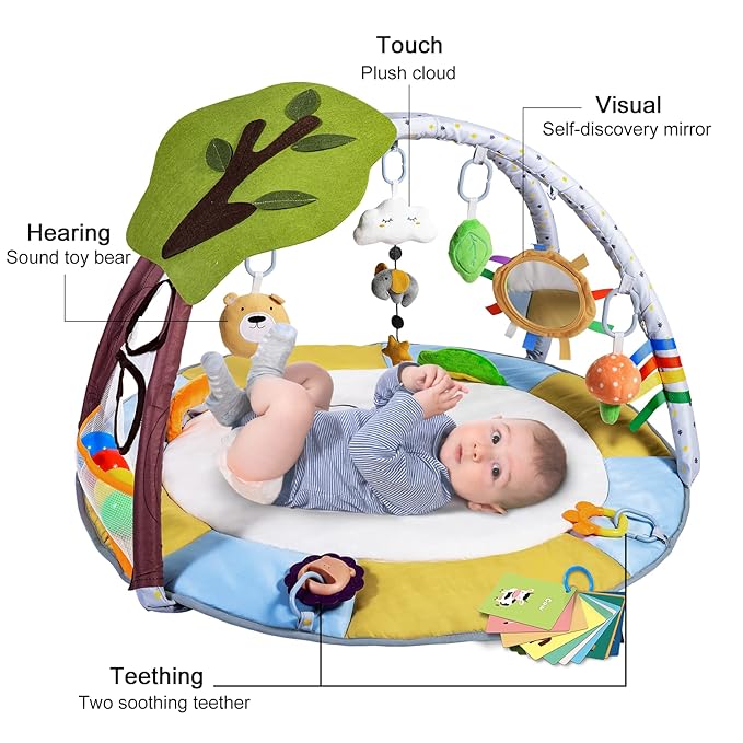 Lupantte Baby Gym Play Mat with 9 Toys for Sensory and Motor Skill Development Language Discovery, Thicker Non-Slip Activity Ball Pit, Green Tree Newborns, Babies to Toddlers as Gift