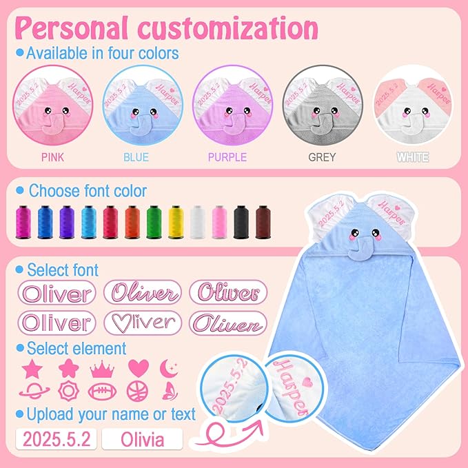 Custom Hooded Bath Towel with Name, Personalized Highly Absorbent Elephant Towels, Baby Bath Towels for Girls Boys, Christmas Brithday for Baby, Toddler, Newborn (Blue)