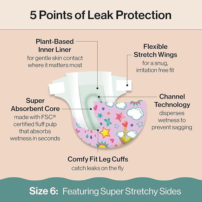 The Honest Company Clean Conscious Diapers for Delicate Skin | Up to 100% Leakproof | Hypoallergenic, Fragrance Free | Girl Prints | Club Box, Size 6 (35+ lbs), 40 Count (Prints May Vary)