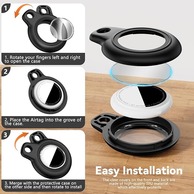 Upgrade Waterproof 2 Pack Airtags Holder with Apple Airtags Keychain, Hard PC Air Tag Case, Anti-Scratch & Shock Air tag Holder, Men's Women's Keyrings & Keychains -Black+Rose Red