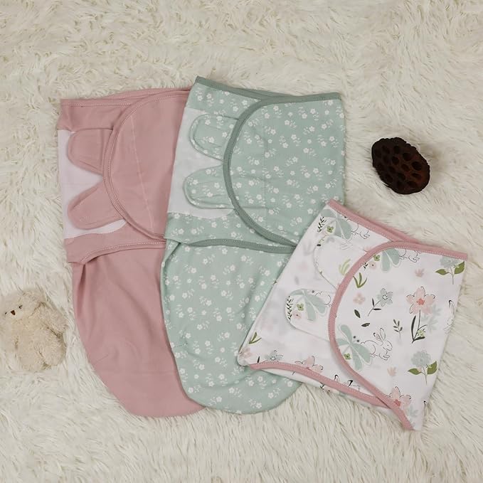 Baby Swaddle Sacks, 3-Pack Newborn Organic Cotton Swaddle Wrap, Adjustable Swaddling Blankets, Nursery Swaddling Essentials for Newborn 0-3 Months, Infant Shower Items Gift (Flowers & Rabbits)