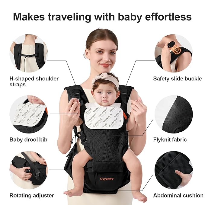 Baby Carrier with Hip Seat, 2-in-1 Forward-Facing Carry for Newborn to Toddler，Knob Design - Precision Adjustment，All Seasons Holder Infant Carriers Fits Waist Sizes up to 45 Inches (Black)