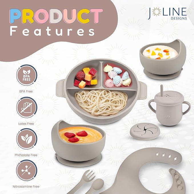 Silicone Baby Feeding Set - Perfect silicone plates for baby & Toddler Plates with lids, Baby Bowls with Suction, Baby Utensils - Baby Led Weaning Supplies & Eating Essentials - (Gray)