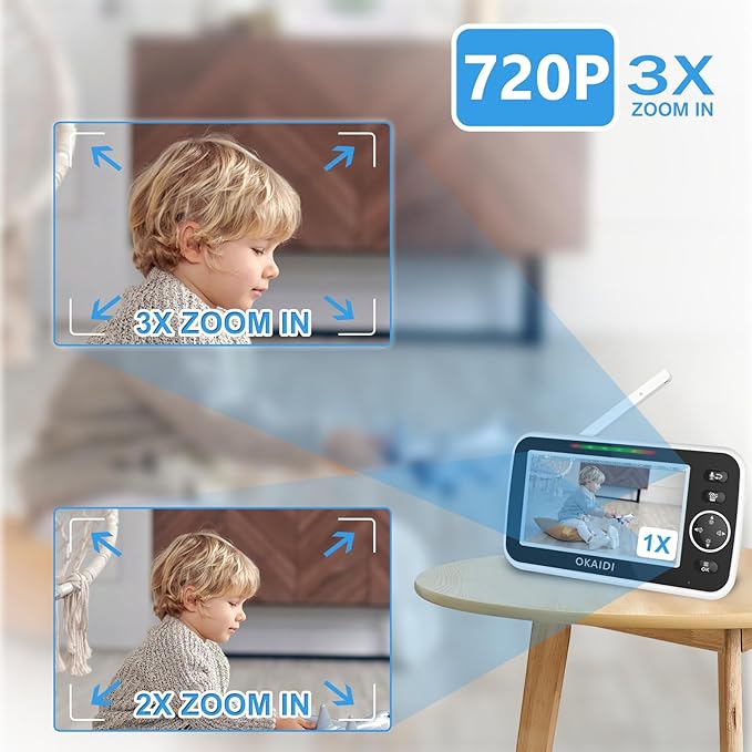 OKAIDI 5" HD Baby Monitor with Camera and Audio, 720P Display, 5000mAh Battery, Remote Pan-Tilt, 3X Zoom, Night Vision, 2-Way Talk, Temperature,Lullabies,1000ft Range Baby Monitor No WiFi