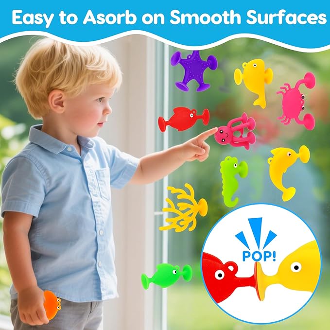 Toddler Suction Cup Bath Toys, Ocean Animal Bath Toys for Kids Ages 3-5 4-8 No Hole Mold Free Bathtub Toys for Toddlers 3-5 Kids Travel Window Building Toys for 3 4 5 Year Old Boys Girls Gifts