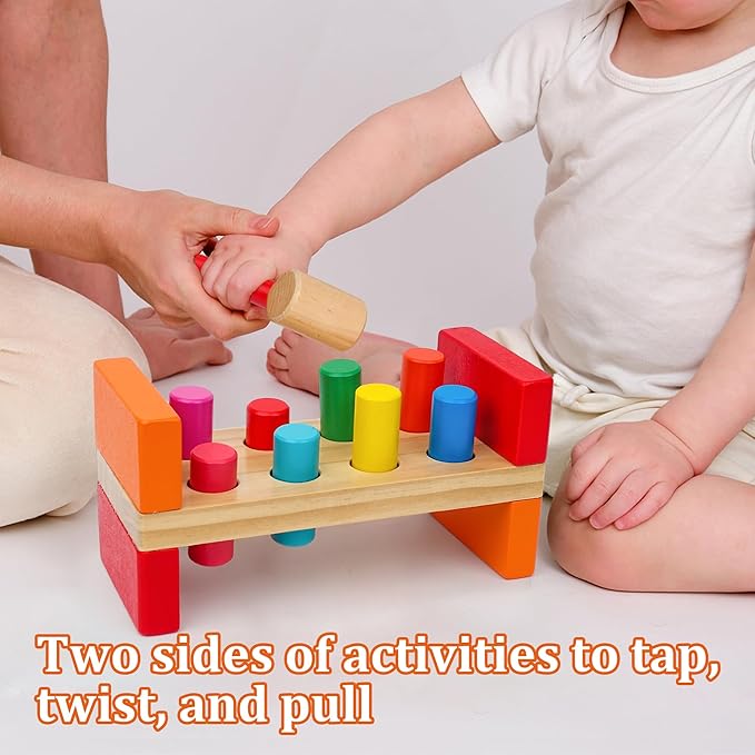 Hidoggy Wooden Hammer Toy for Toddlers 1-3, Montessori Pounding Bench Toy with 8 Pegs and Mallet for Hand-Eye Coordination, STEAM Toddler Toy