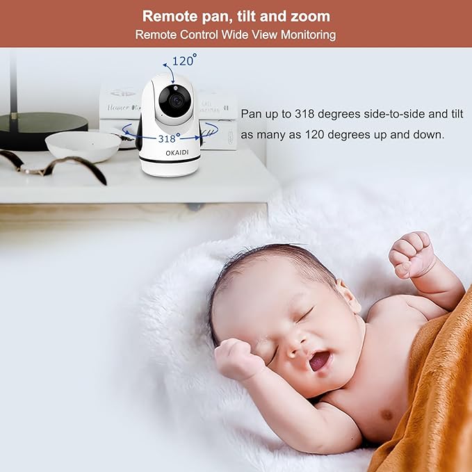 OKAIDI Video Baby Monitor with Camera and Audio, 5" Display Baby Monitor No WiFi, 30H Battery and 1000ft Range, Remote Pan-Tilt-Zoom Baby Camera, Night Vision, 2-Way Talk, ECO, Temperature, Lullaby