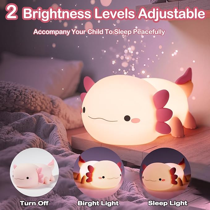 Axolotl Lamp, Axolotl Cute Night Light Gifts, Rechargeable Bedside Nightlight, Dimmable Squishy Silicone Animal Touch Lamp, Baby Room Decor, Pink Night Light for Kids Teens Girls Lovers