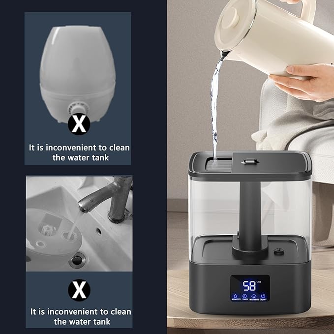 KZF Humidifier for Bedroom, 6L Ultrasonic Cool Mist Humidifier, Easy Clean Humidifier 3 Adjust the Humidity, Suitable for Bedroom Study Room Kids Room Yoga Office, Quite and Smart Top Fill Design