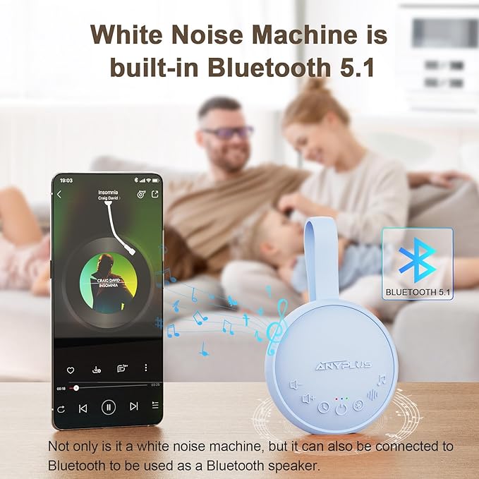 White Noise Sound Machine for Sleeping Adults & Baby, Portable Noise Machine with 24 Soothing Sounds, Bluetooth 5.1, Battery Powered, 3 Timer Settings, Memory Function for Home, Office, Travel(Blue)