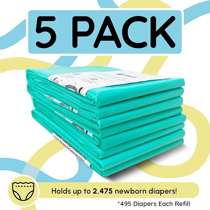 Reli. Diaper Pail Refill Bags, Compatible with Dekor Classic (5 Pack) | Diaper Dekor Refills w/Powder Fresh Scent | Odor Blocking, Strong, Easy Replacement Bags | Holds up to 2475 Diapers