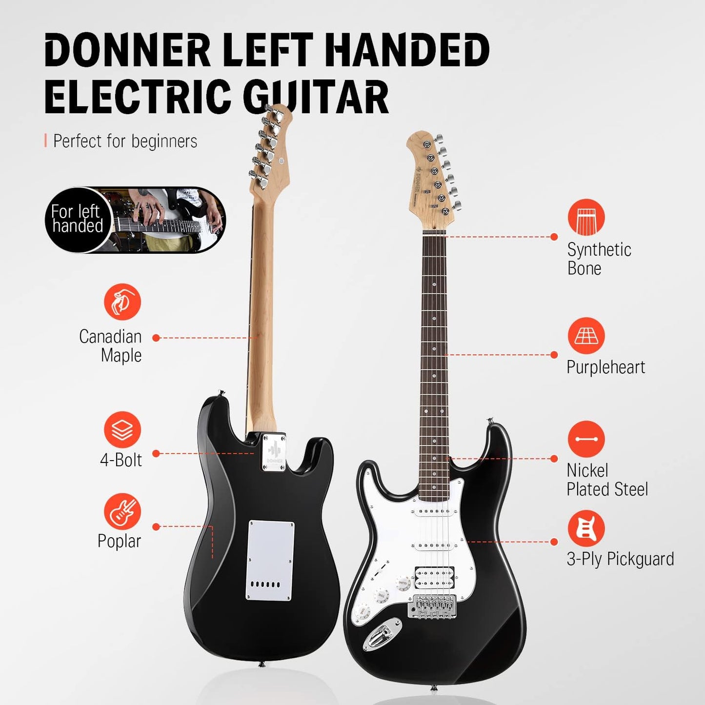 Donner 39 Inch Left-Handed Electric Guitar Kit Solid Body Black Lefty Beginner Set Full-Size with Amplifier Online Lesson Bag Digital Tuner Capo Strap String Cable Picks DST-100BL