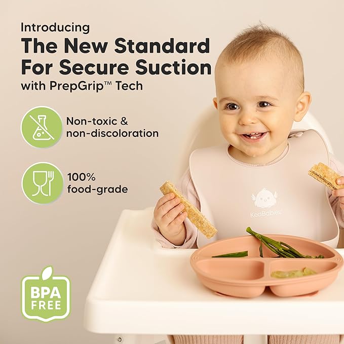 KeaBabies Suction Plates for Baby, Toddler - 3-Pack 100% Silicone Toddler Plates with Suction, Divided, BPA-Free Baby Led Weaning Essentials for Kids, Dishwasher, Microwave Safe, Durable (Roseate)