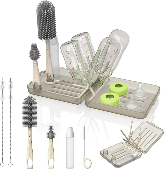 Bottle Brush Set, Portable Bottle Washing Kit,Travel Baby Essentials Silicone Bottle Cleaning Brush with Box, Bottle Cleaning Tool for Home and Travel