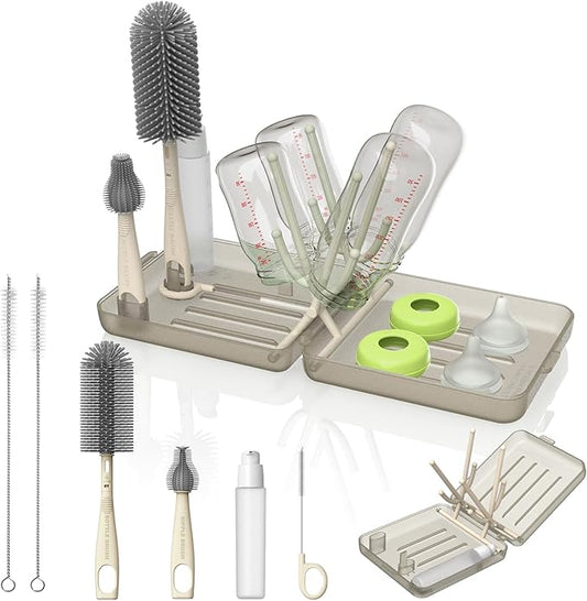 Bottle Brush Set, Portable Bottle Washing Kit,Travel Baby Essentials Silicone Bottle Cleaning Brush with Box, Bottle Cleaning Tool for Home and Travel