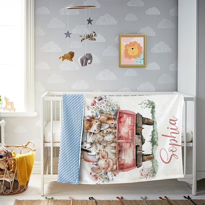 Custom Baby Blanket with Name – Cozy Double Layer Dotted Backing Newborn Receiving Swaddle Blankets, Farm Animals Personalized Gifts for Toddler Infant Boys Girls, Nursery Baby Stuff(60"x80")