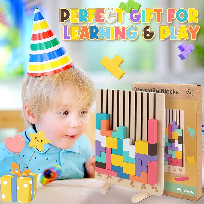 JONEG Games for 3+ Year Olds Kids- Wooden Stacking Puzzles Tetris - Brain Teasers 3D Russian Blocks Board - STEM Montessori Toys for Ages 3 4 5 6 7 10 - Gift for Toddlers Classroom Travel
