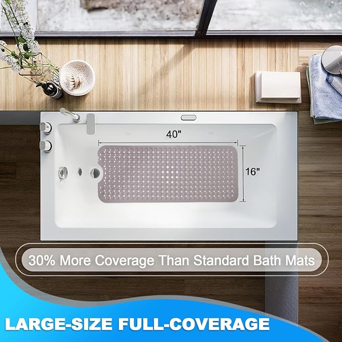 Linoows Bathtub and Shower Mats, 40x16 Inch Extra Large Non Slip Soft Bath Tub Mat with Suction Cups and Drain Holes for Bathroom Floor and Keep Tubs Clean, Machine Washable, Tan