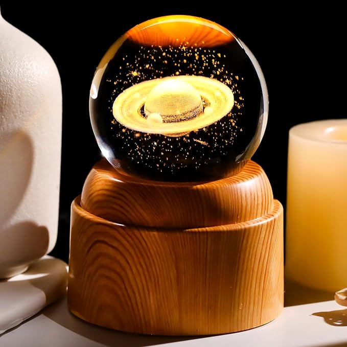 3D Saturn Crystal Ball 2.36“ Engraved with Rotated Wood Bases, Crystal Sphere Saturn Lamp Astronomy Gifts Physics Science Decor Space Gifts for Women Men