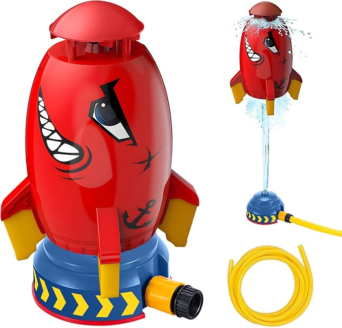 Water Rocket Sprinkler for Kids, Outdoor Sprinkler Rocket Launcher Toy for Backyard, Summer Water Toys for Kids Ages 3-12, Fun Water Powered Rocket Toy (Red-5)
