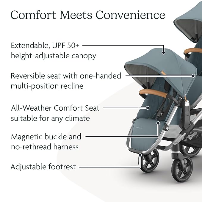 UPPAbaby RumbleSeat V3 Second Lower Seat - Compatible with Vista V2 and Vista V3 - All-Weather Seat + Magnetic Buckle – Adapters Included - Callum (Stone Blue/Silver Frame/Sand Leather)