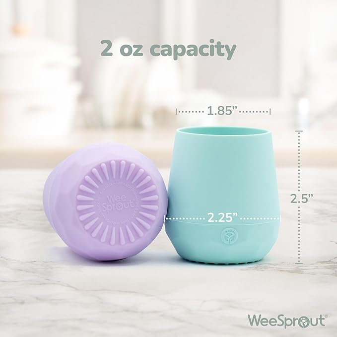 WeeSprout Silicone Baby Training Cups - Set of 2 Soft Silicone Cups - 2 oz Open Cup for Baby 6+ Months - Non-Slip Grip, Weighted Base - Gentle on Gums & Teeth (Pastel Purple & Pastel Mint)
