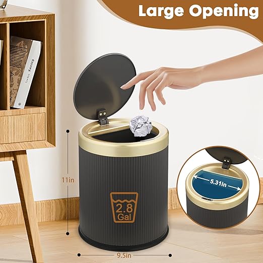 Smart Bathroom Trash Can Garbage Can with Lid, 2.8 Gallon Motion Sensor Trash Bin for Bathroom, Kitchen, Small Mini Trash Cans Black Automatic Diaper Trash Can-Dark Gray