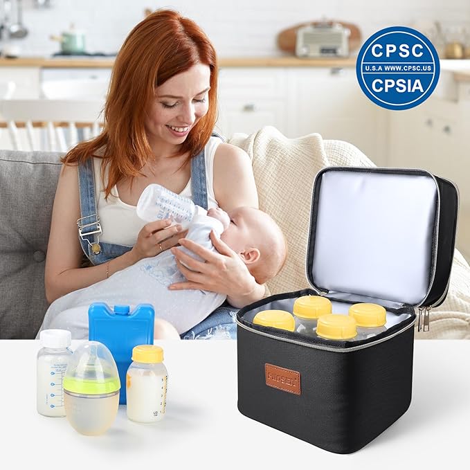 PIIOSER Breast Milk Storage Cooler Bag with Ice Pack, Fits 4 Baby Bottles Up to 5 Ounce, Small Insulated Breastmilk Cooler Travel Bag with Handle Buckle for Nursing & Working Mom Daycare (Black-XS)