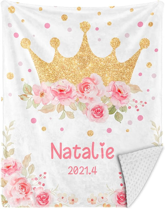 Personalized Baby Blankets for Girls & Boys - Super Soft Easter Blanket with Thick Double-Layer Dotted Backing, Personalized Baby Gifts for Baby Shower from Grandma (Crown, Customize Now)