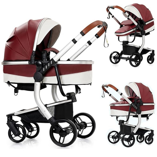 PU Leather 2 in 1 Baby Stroller, Convertible Pram, Reversible Standard Stroller, Portable Buggy, Infant Carriage, Foldable High Landscape Pushchair Toddler Newborn (2US518-Red)