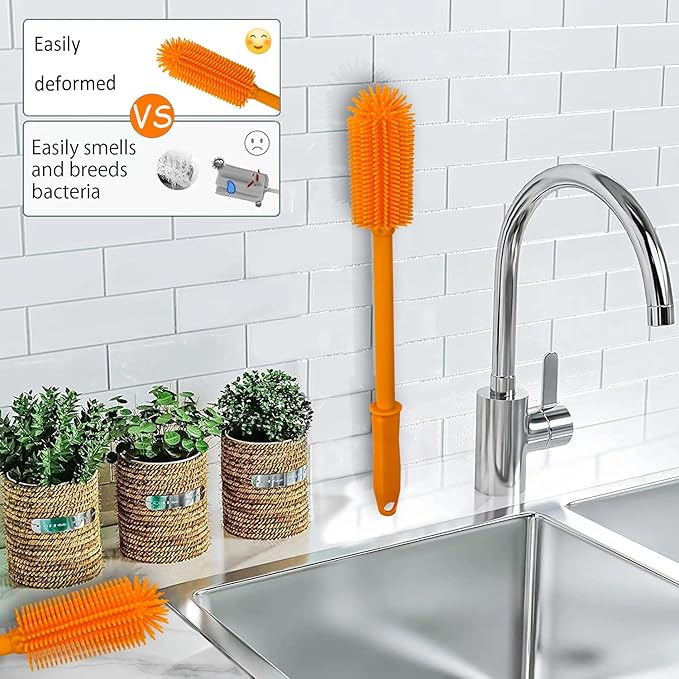 Long Silicone Bottle Cleaning Brush | 2 Pack| 16”+13”Water Bottle Brush Cleaner Brush for Hydro Flask,Glassware,Vacuum Sports Bottle&Vases,Silicone Water Bottle Cleaner Brush for Narrow Neck