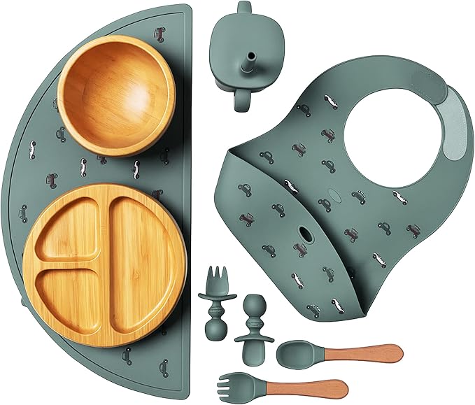 Bamboo Baby Feeding Set for Infants & Toddlers - Baby Essentials, Non-Toxic, Sustainable, Bamboo Suction Plate & Bowl, Bib, Sippy Cup w/Lid & Straw, Perfect Baby Shower Gifts (Pine Gray)