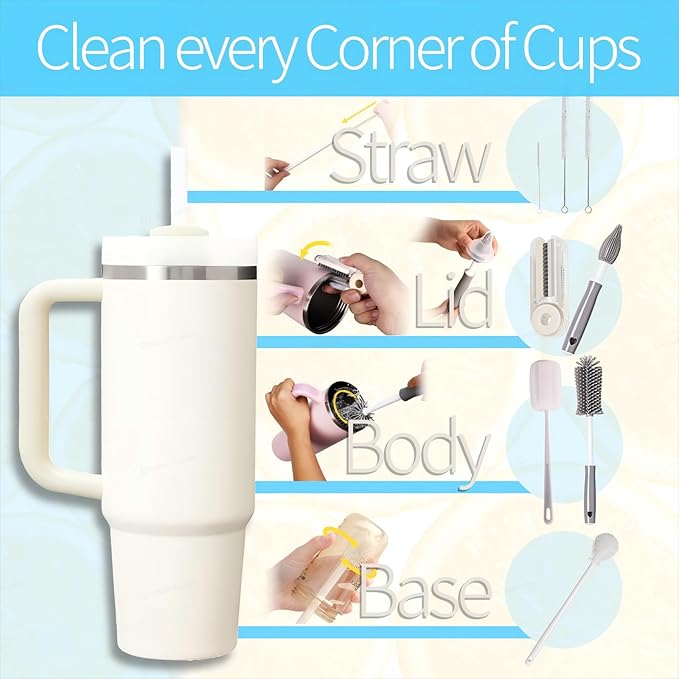 8Pcs Water Bottle Cleaner Brush - Multipurpose Cup Cleaner Kit with Long Nylon Straw Brush Long Handle Silicone Bottles Cleaning for Tumbler, Sports Water Bottle, Wine Glass