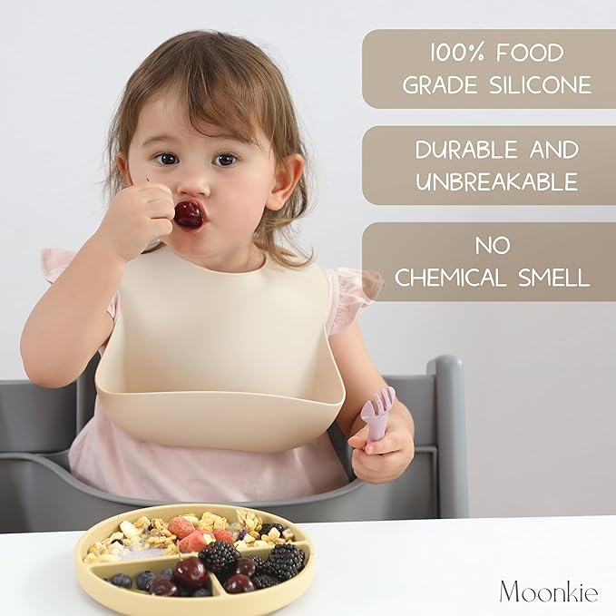 Moonkie Suction Plates for Baby | 100% Silicone BPA-Free Baby Plates with Lids and Food Cover | Divided Design | Microwave and Dishwasher Safe | Toddler Plates 3 Pack