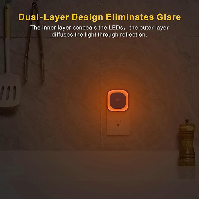 2 Pack Plug in Night Light with Motion Sensor & Dusk to Dawn Sensor, 3 Sensor Modes, Dimmable Night Lights Plug into Wall, Amber Nightlight for Sleep, Bathroom, Bedroom, Indoors, Kids