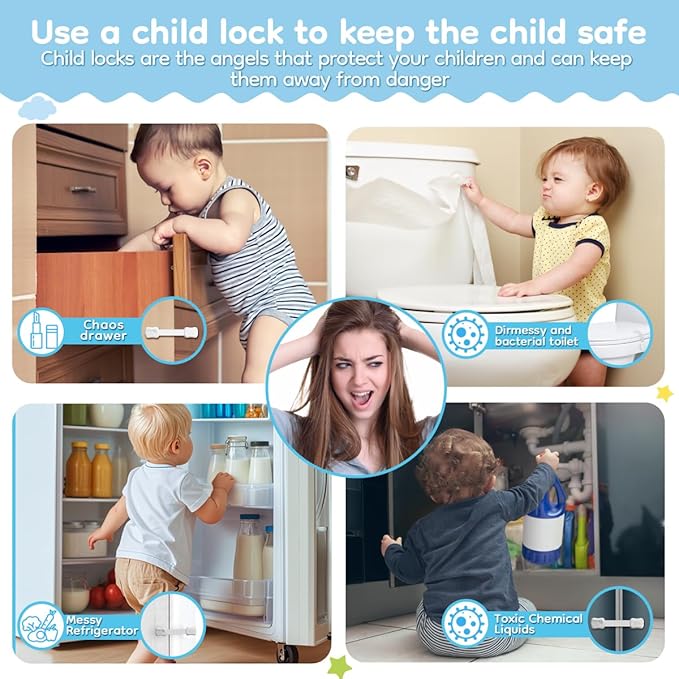 8-Pack Cabinet Locks Baby Proofing - Syican Child Proof Drawer Locks, Multi-Purpose for Drawers, Fridge, Toilet Seat, Trash Can, Ideal Stocking Stuffers, White