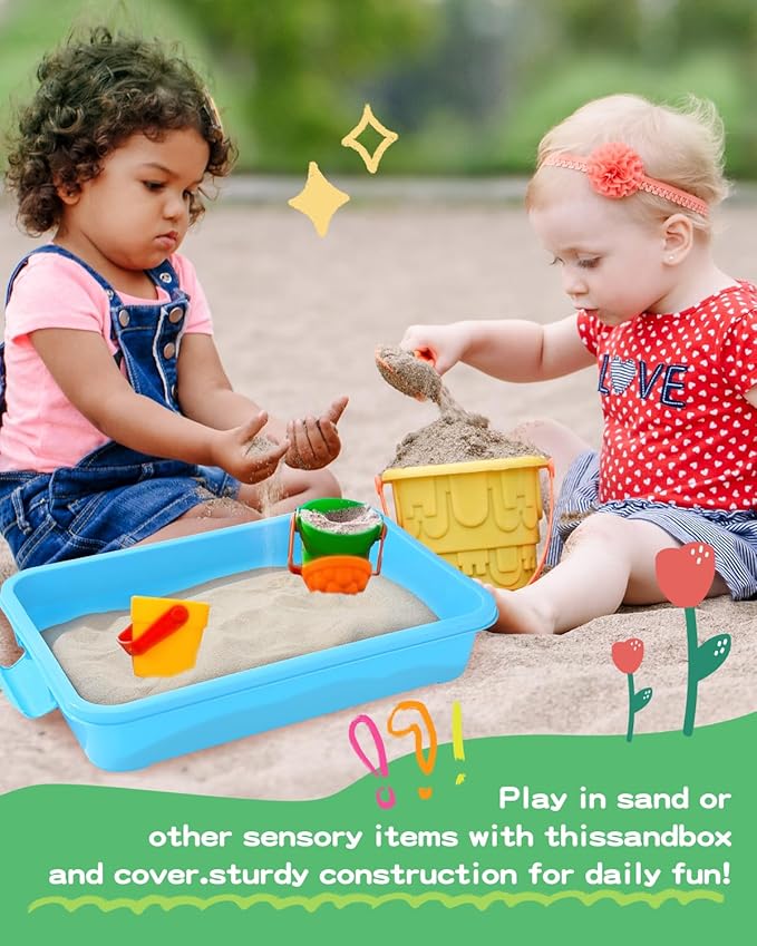Sensory Bin Sand Tray with Lid for Toddlers 2 Pcs 15in Portable Sandbox Toy Large Plastic Tray for Kids 3 4 5 6 Fill with Sand, Water, Beads, and More (2 Blue)