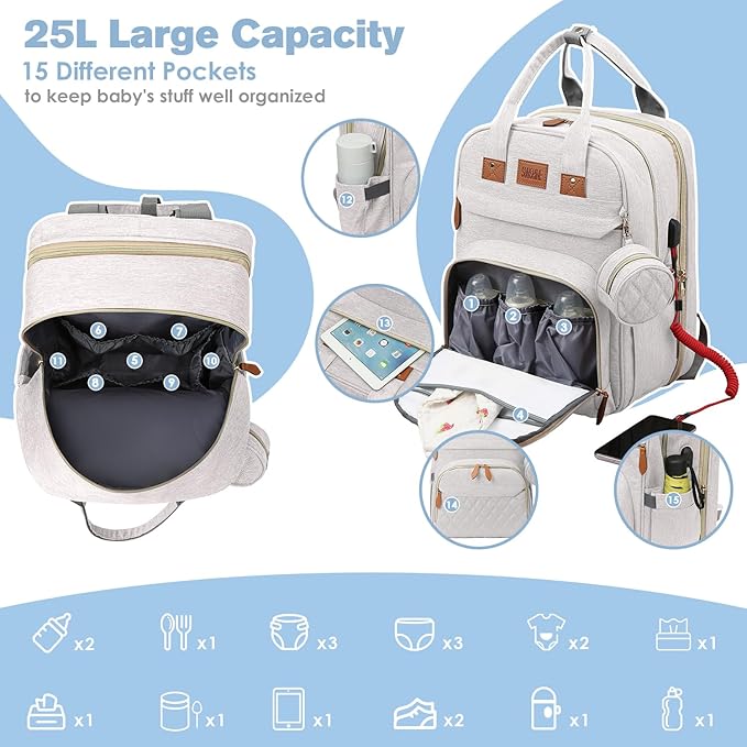 Diaper Bag Backpack, Large Diaper Bag with Changing Station, New Mom Gifts, Lightweight Waterproof Unisex Diaper Bag with Insulated Pockets and USB Charging Port, Beige